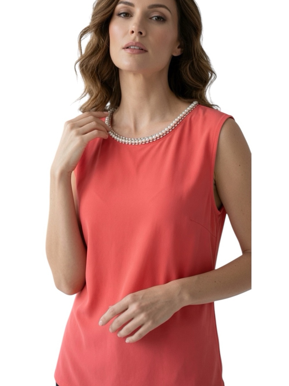 KARL LAGERFELD: Coral Pearl Embellished Neck Sleeveless Blouse -Size Large